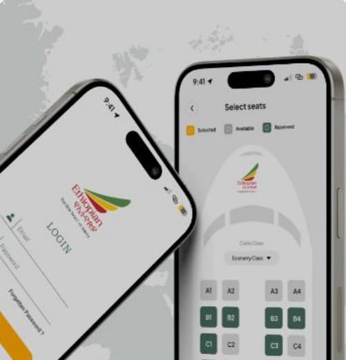 Airline login and seat selection screens on two phones